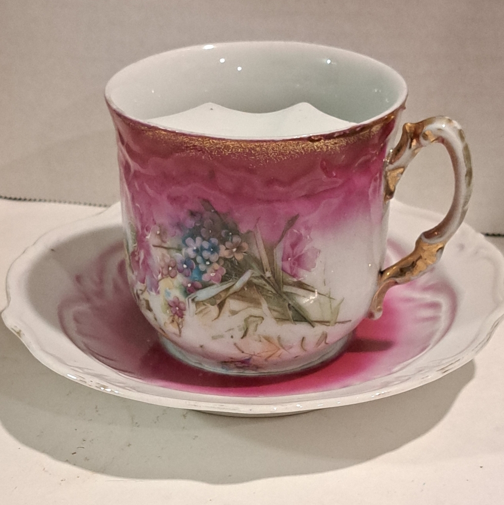 GERMAN ANTIQUE PORCELAIN PINK & GOLD MUSTACHE MUG &SAUCER
